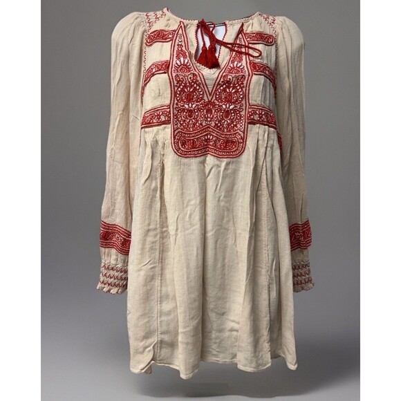 Free People Womens Wind Willow Embroidered Mini Dress Cream Red Boho (Small) - Picture 2 of 7